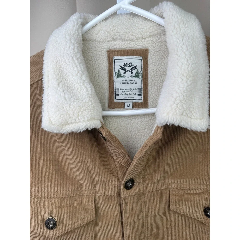 MBX Corduroy Sherpa Lined Trucker Jacket Men's Medium Tan Beige Cozy Western - Picture 2 of 6